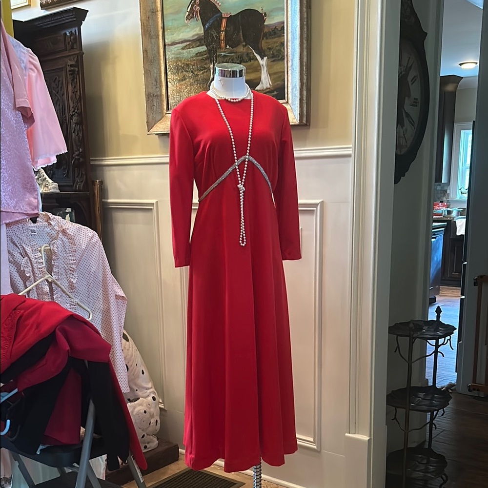 Vintage 1960’s 1970’s Full Length Long Sleeve Red Dress Silver Detail GVC